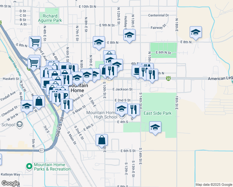 map of restaurants, bars, coffee shops, grocery stores, and more near 120 South 11th East in Mountain Home
