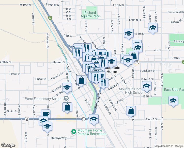 map of restaurants, bars, coffee shops, grocery stores, and more near 290 North Main Street in Mountain Home