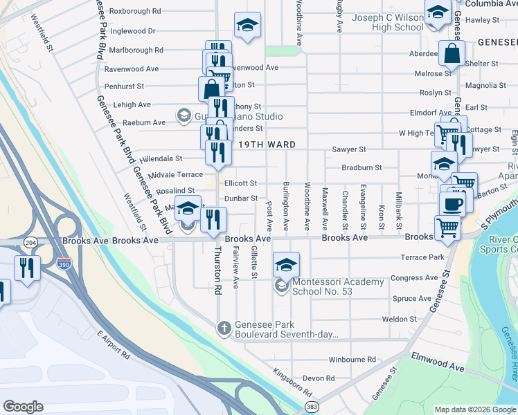 map of restaurants, bars, coffee shops, grocery stores, and more near 39 Dunbar Street in Rochester