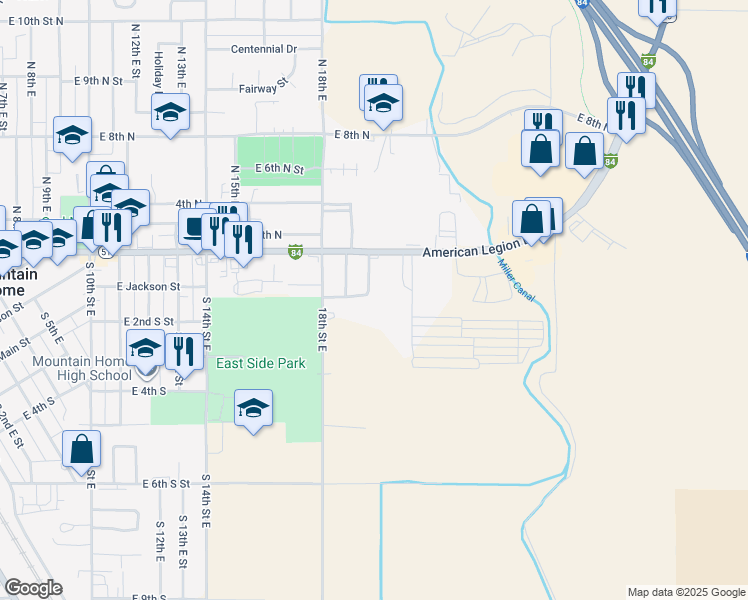 map of restaurants, bars, coffee shops, grocery stores, and more near 100 Dewey Street in Mountain Home