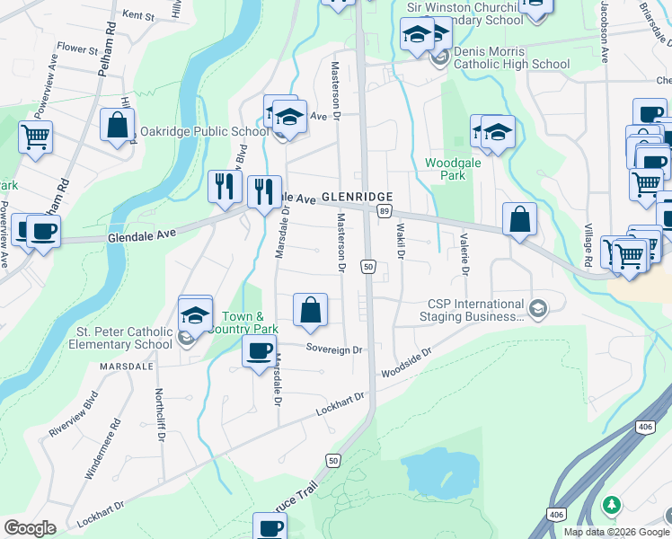 map of restaurants, bars, coffee shops, grocery stores, and more near 21 Strathmore Road in St. Catharines
