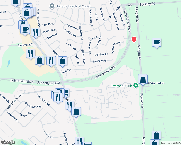 map of restaurants, bars, coffee shops, grocery stores, and more near 368 Eagles Pointe Circle in Liverpool