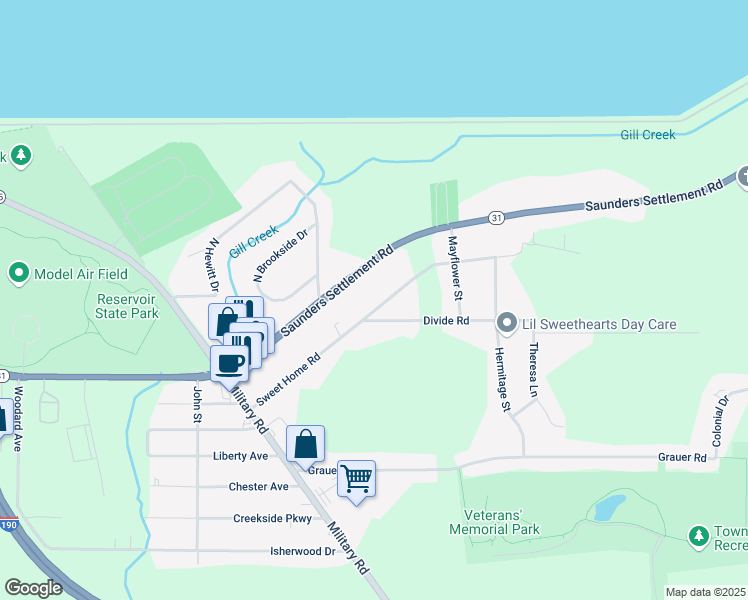 map of restaurants, bars, coffee shops, grocery stores, and more near 1051 Sweet Home Road in Niagara Falls