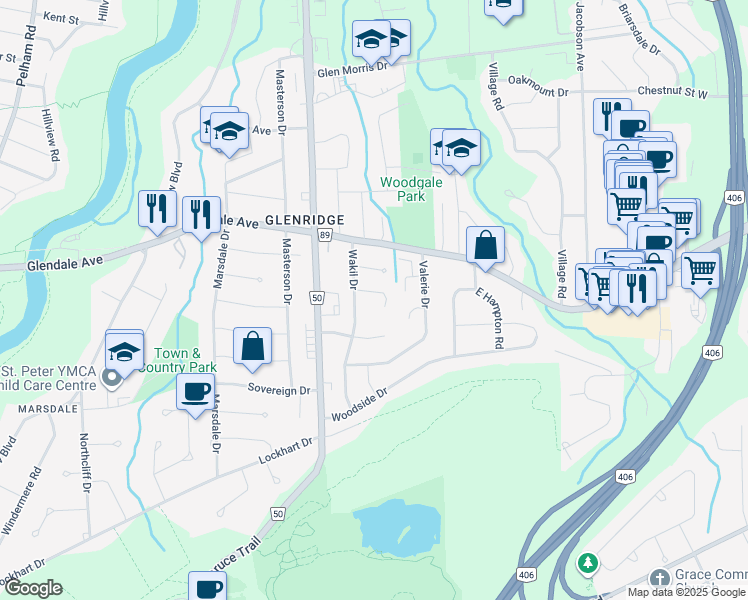 map of restaurants, bars, coffee shops, grocery stores, and more near 6 Jasmin Crescent in Saint Catharines