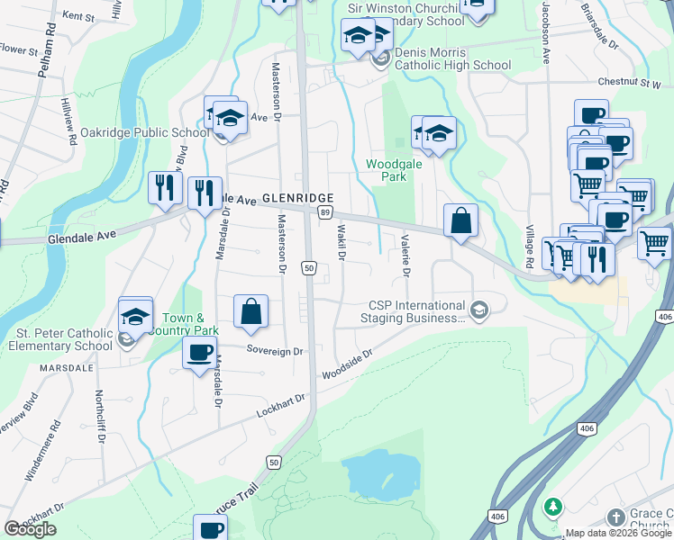 map of restaurants, bars, coffee shops, grocery stores, and more near 22 Wakil Drive in St. Catharines