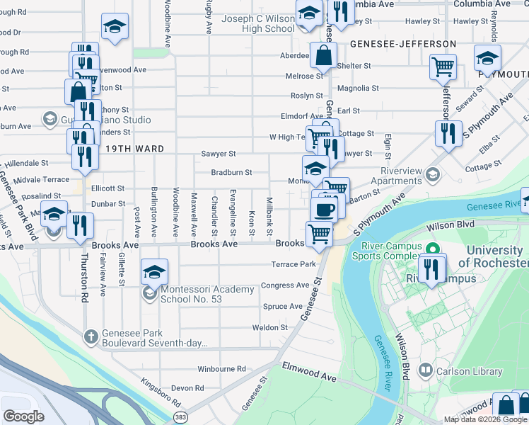 map of restaurants, bars, coffee shops, grocery stores, and more near 117 Millbank Street in Rochester