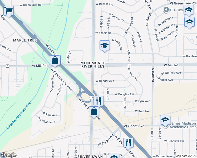 map of restaurants, bars, coffee shops, grocery stores, and more near 6315 North 90th Street in Milwaukee