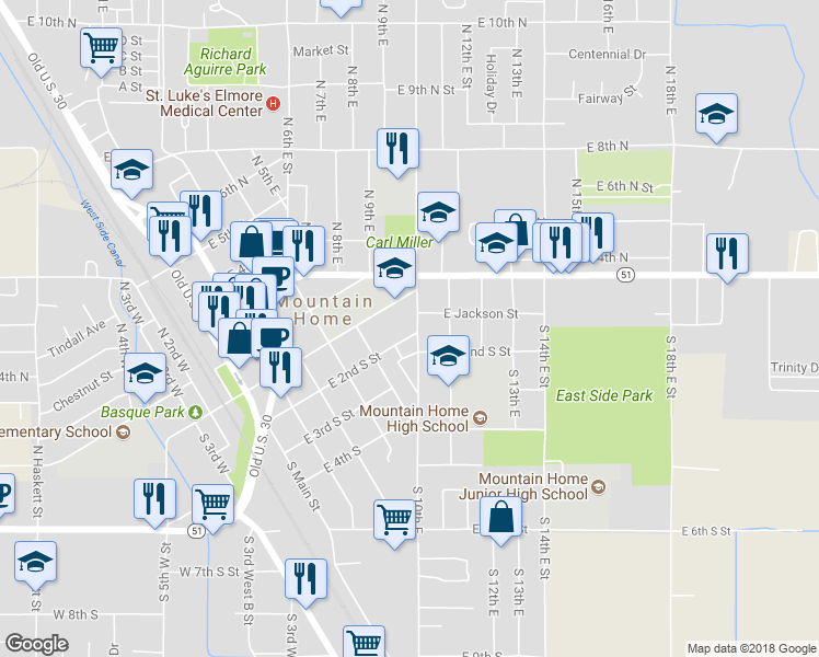 map of restaurants, bars, coffee shops, grocery stores, and more near 590 East 2nd South Street in Mountain Home