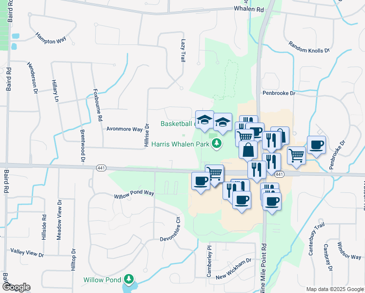 map of restaurants, bars, coffee shops, grocery stores, and more near 2126 Penfield Road in Penfield