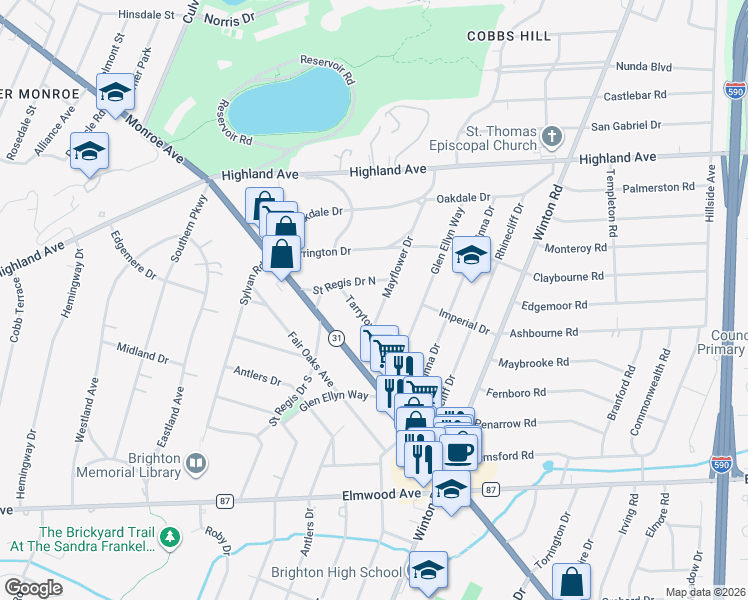 map of restaurants, bars, coffee shops, grocery stores, and more near 213 Mayflower Drive in Rochester