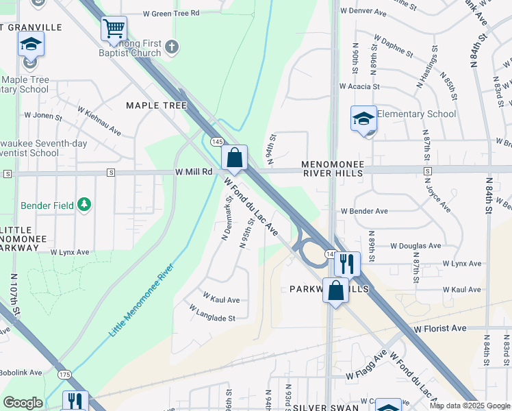 map of restaurants, bars, coffee shops, grocery stores, and more near 9520 West Fond Du Lac Avenue in Milwaukee