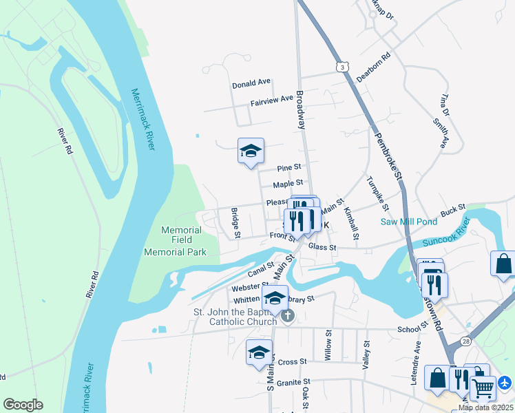 map of restaurants, bars, coffee shops, grocery stores, and more near 24 Pleasant Street in Suncook