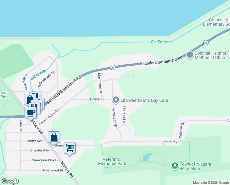 map of restaurants, bars, coffee shops, grocery stores, and more near 5991 Hermitage Street in Niagara Falls