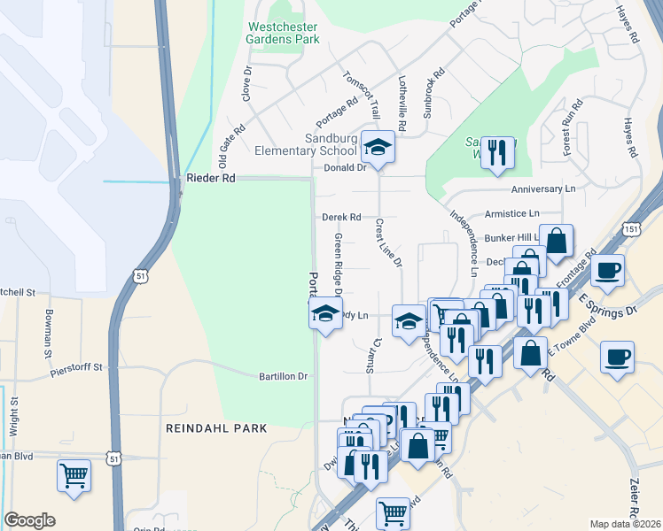 map of restaurants, bars, coffee shops, grocery stores, and more near 2602 Green Ridge Drive in Madison