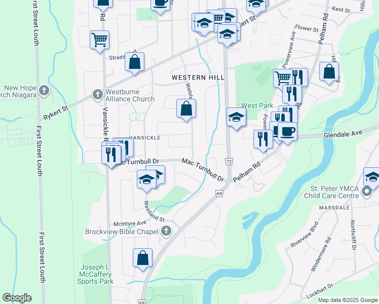 map of restaurants, bars, coffee shops, grocery stores, and more near 73 Welstead Drive in Saint Catharines
