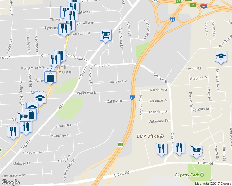 map of restaurants, bars, coffee shops, grocery stores, and more near 326 Wells Avenue East in Syracuse