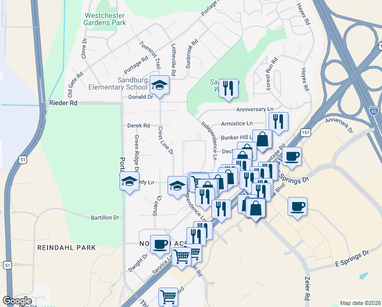 map of restaurants, bars, coffee shops, grocery stores, and more near 4330 Melody Lane in Madison