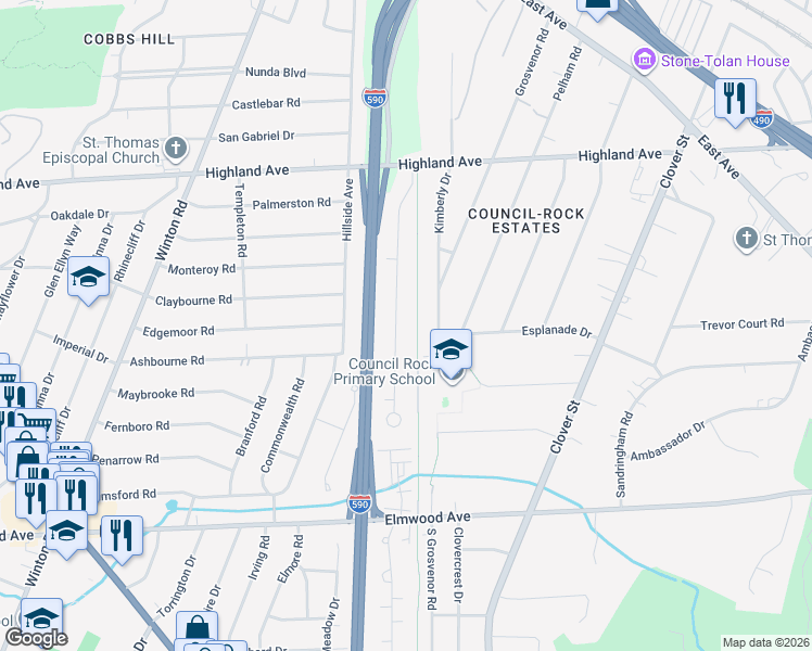 map of restaurants, bars, coffee shops, grocery stores, and more near 199 Village Ln in Rochester