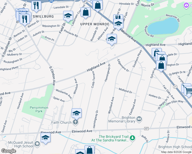 map of restaurants, bars, coffee shops, grocery stores, and more near 50 Cobb Terrace in Rochester