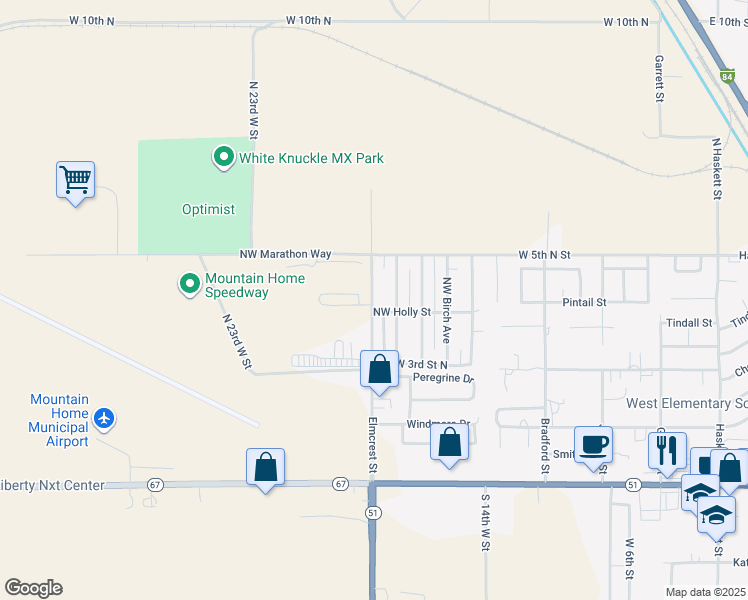 map of restaurants, bars, coffee shops, grocery stores, and more near 638 Elmcrest Street in Mountain Home