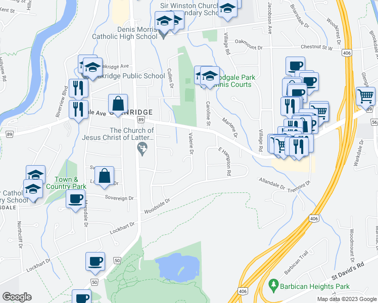 map of restaurants, bars, coffee shops, grocery stores, and more near 14 Valerie Drive in St. Catharines