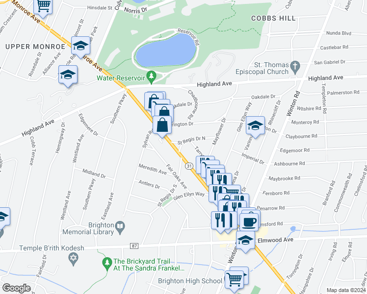 map of restaurants, bars, coffee shops, grocery stores, and more near 33 Saint Regis Drive North in Rochester