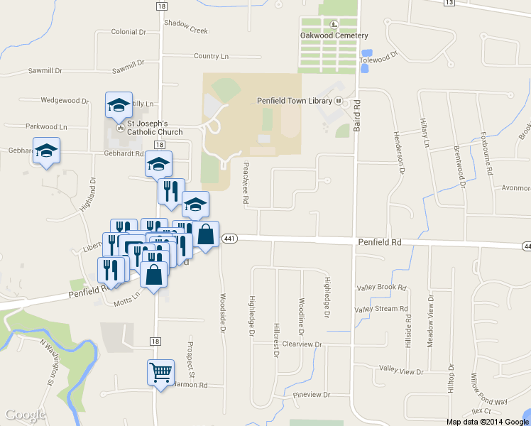 map of restaurants, bars, coffee shops, grocery stores, and more near 35 Peachtree Road in Penfield