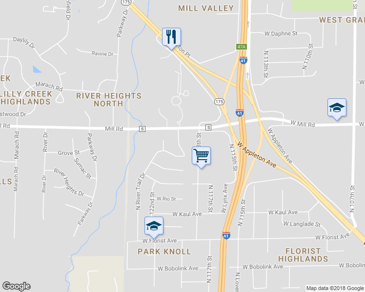 map of restaurants, bars, coffee shops, grocery stores, and more near 6318 North 119th Street in Milwaukee