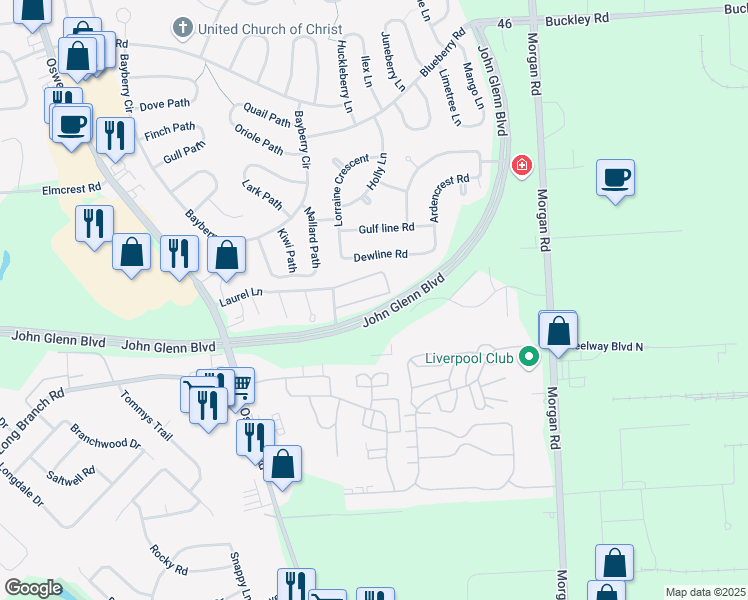 map of restaurants, bars, coffee shops, grocery stores, and more near 301 Eagles Pointe Circle in Liverpool
