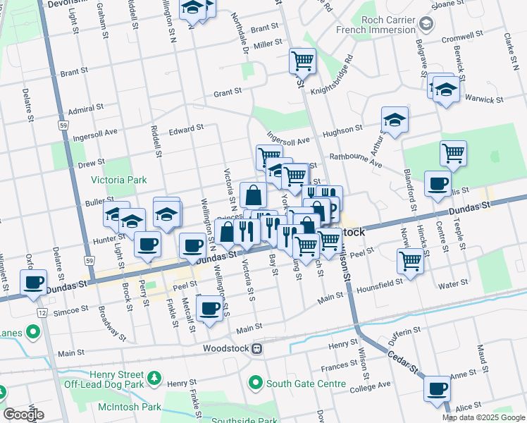 map of restaurants, bars, coffee shops, grocery stores, and more near Princess Street in Woodstock