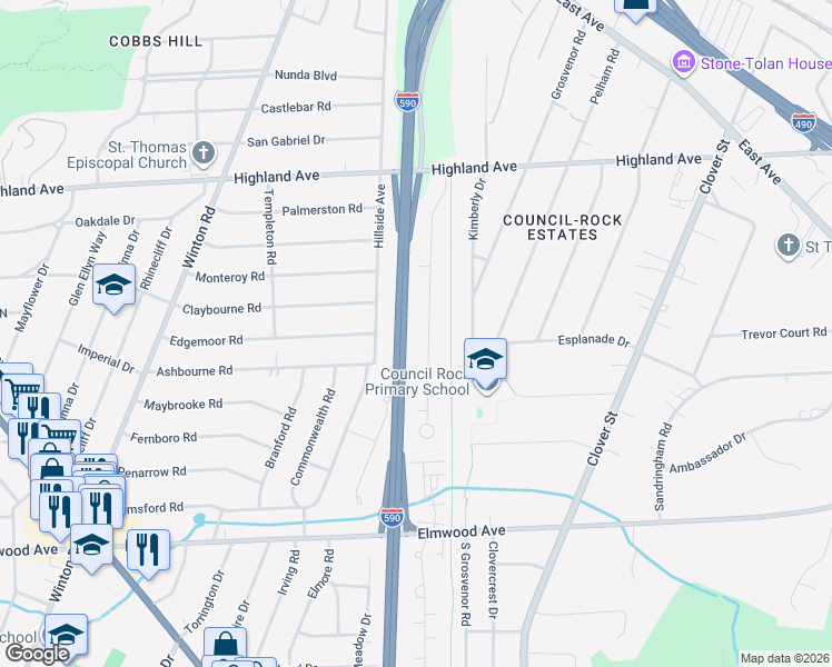 map of restaurants, bars, coffee shops, grocery stores, and more near 200 Village Lane in Rochester