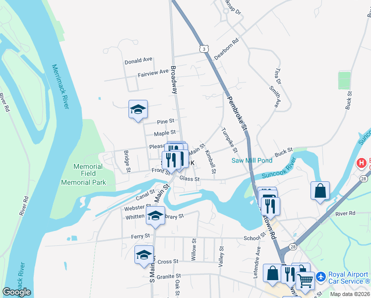 map of restaurants, bars, coffee shops, grocery stores, and more near 10 Broadway in Pembroke