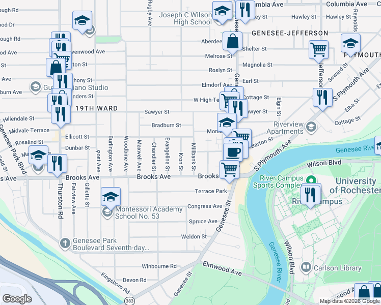 map of restaurants, bars, coffee shops, grocery stores, and more near 117 Millbank Street in Rochester