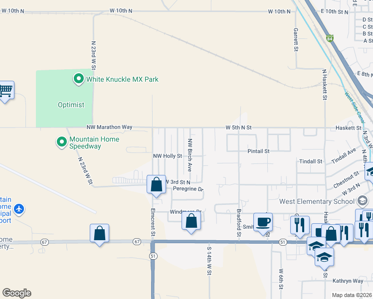 map of restaurants, bars, coffee shops, grocery stores, and more near 645 Northwest Birch Avenue in Mountain Home