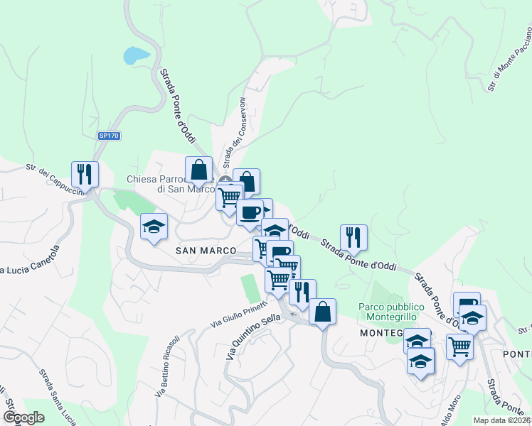 map of restaurants, bars, coffee shops, grocery stores, and more near 203 Strada Ponte d'Oddi in Provincia di Perugia