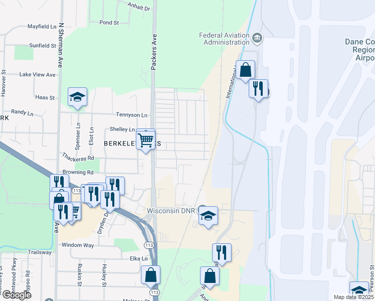 map of restaurants, bars, coffee shops, grocery stores, and more near 499 Blackbird Lane in Madison