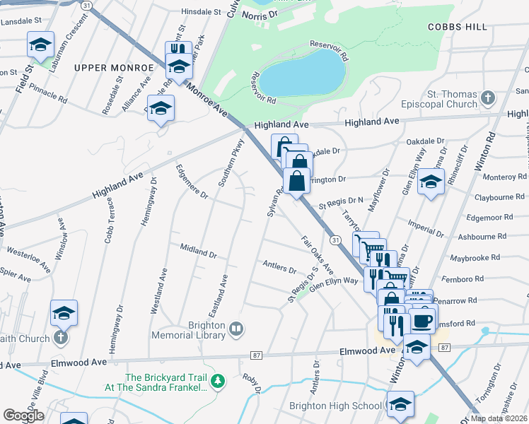 map of restaurants, bars, coffee shops, grocery stores, and more near 77 Sylvan Road in Rochester