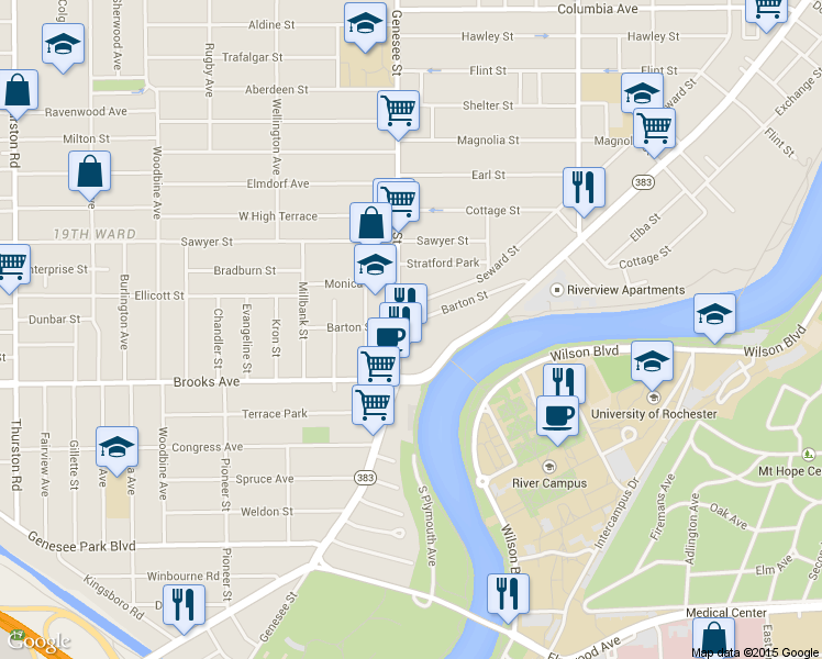 map of restaurants, bars, coffee shops, grocery stores, and more near 199 Barton Street in Rochester
