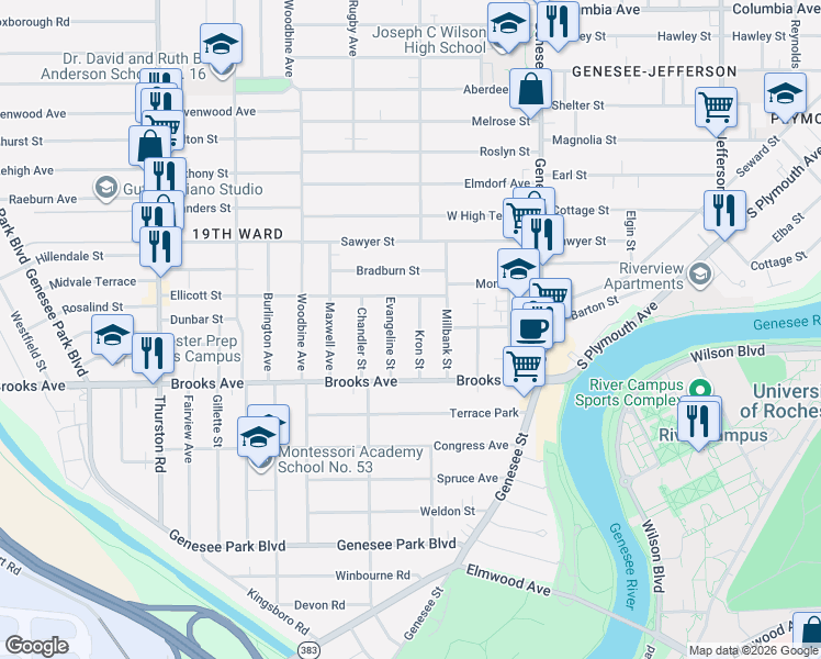 map of restaurants, bars, coffee shops, grocery stores, and more near 42 Evangeline Street in Rochester
