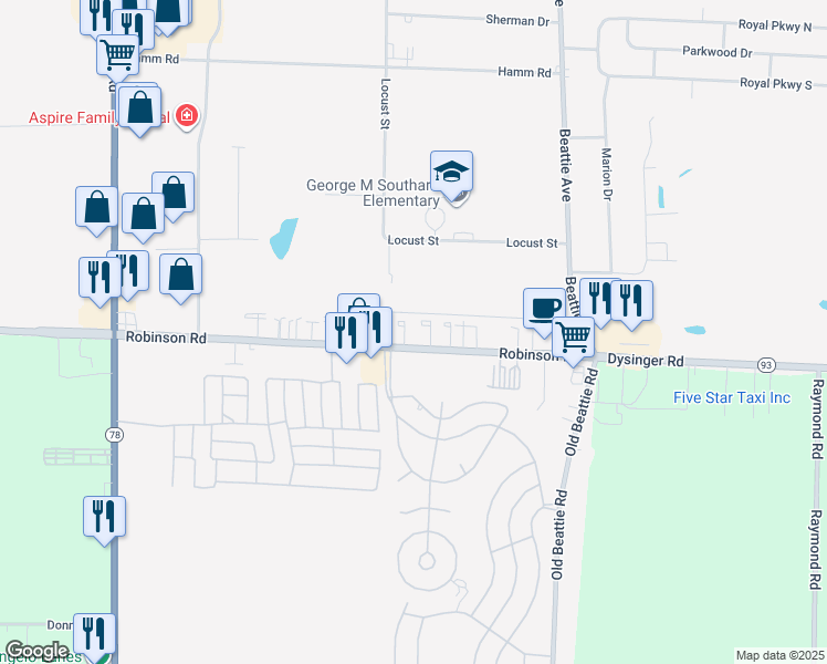 map of restaurants, bars, coffee shops, grocery stores, and more near 6347 Robinson Road in Lockport