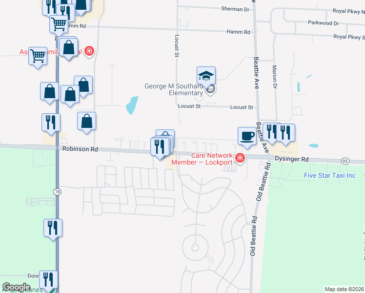 map of restaurants, bars, coffee shops, grocery stores, and more near 6347 Robinson Road in Lockport