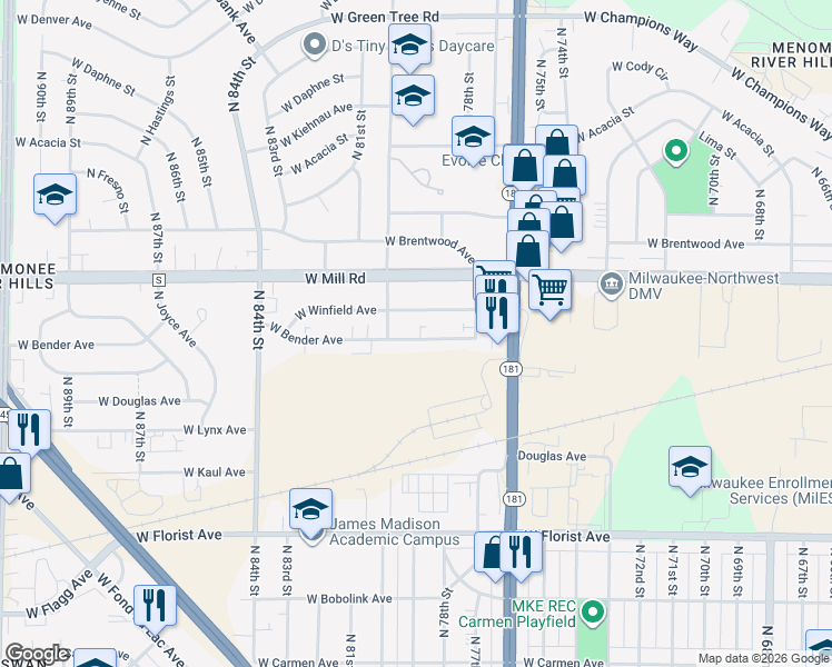 map of restaurants, bars, coffee shops, grocery stores, and more near 7900 West Bender Avenue in Milwaukee