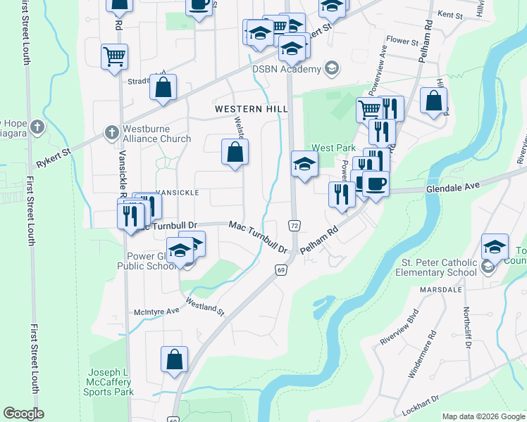 map of restaurants, bars, coffee shops, grocery stores, and more near 54 Valley Road in St. Catharines
