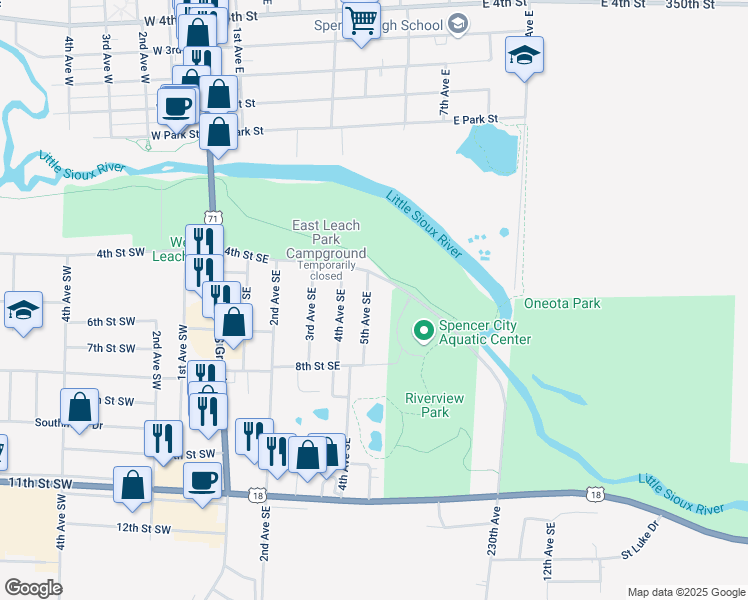 map of restaurants, bars, coffee shops, grocery stores, and more near 502 5th Avenue Southeast in Spencer