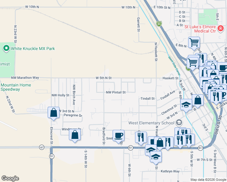 map of restaurants, bars, coffee shops, grocery stores, and more near 427 Northwest Wren Avenue in Mountain Home