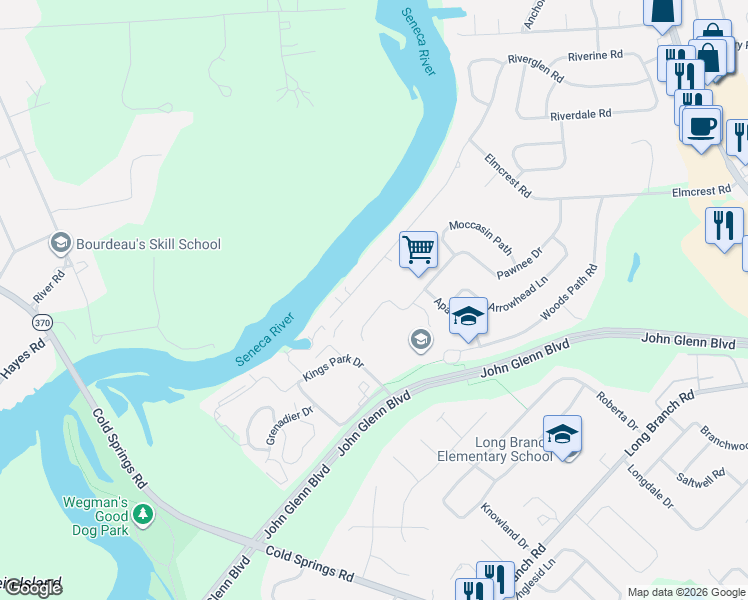 map of restaurants, bars, coffee shops, grocery stores, and more near 3944 Pawnee Dr in Liverpool