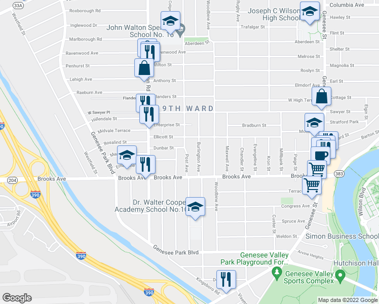 map of restaurants, bars, coffee shops, grocery stores, and more near 666 Post Avenue in Rochester