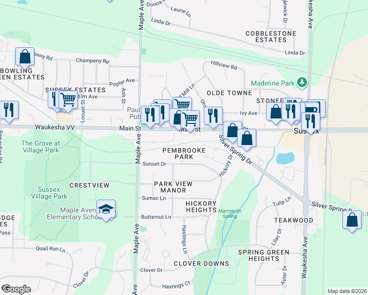 map of restaurants, bars, coffee shops, grocery stores, and more near N63W23786 Pembrooke Street in Sussex