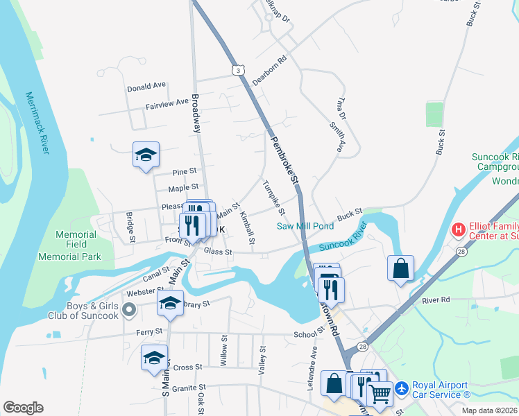 map of restaurants, bars, coffee shops, grocery stores, and more near 8 Millard Street in Suncook