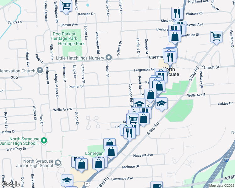 map of restaurants, bars, coffee shops, grocery stores, and more near 226 Millen Drive in North Syracuse